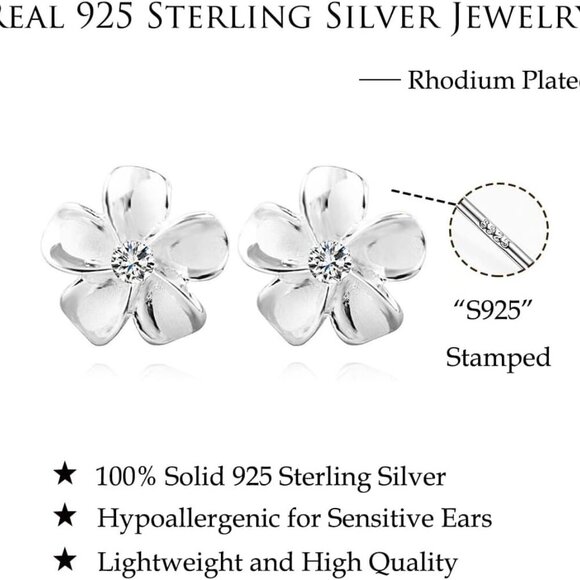 Sterling Silver Plumeria Flower Stud Earrings Cubic Zirconia Gift for Women - Picture 7 of 8